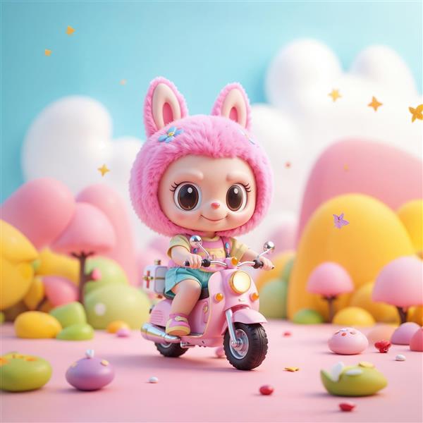 لبوبوی کوچک سوار بر موتورسیکلت در دنیای آبنباتی پاستلی