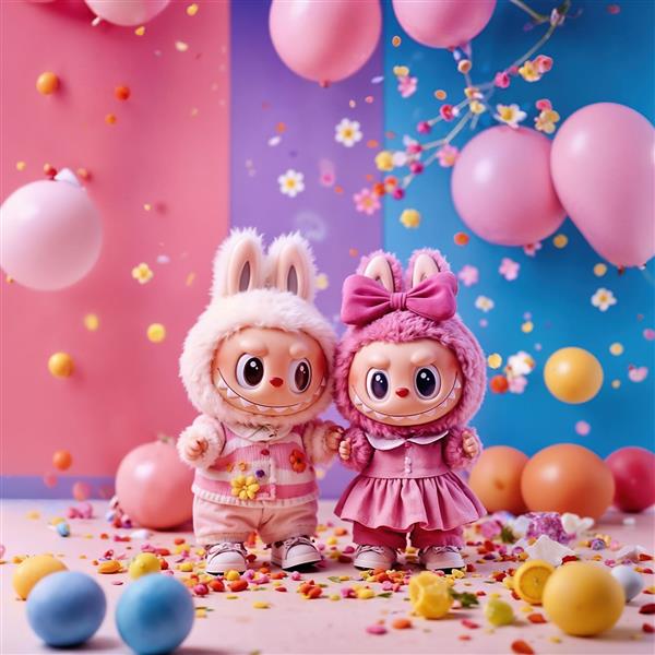 جفت لبوبو در لباس صورتی در جشن تولد پر از بادکنک