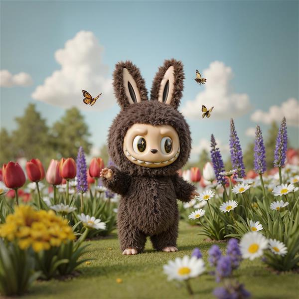 لبوبوی قهوه‌ای پشمالو میان گل‌های لاله و بابونه