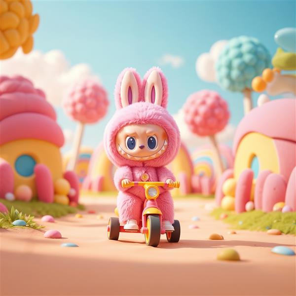 عروسک لبوبو سوار بر سه چرخه در دنیای پاستلی صورتی