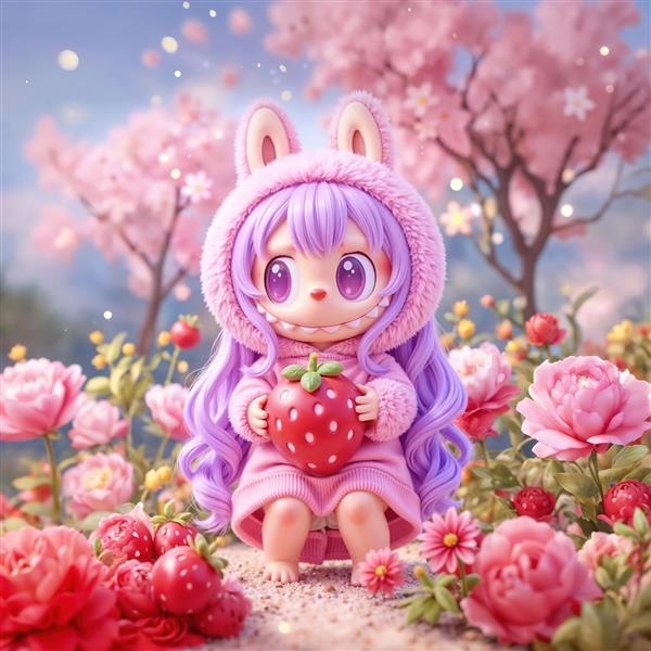 لبوبوی جذاب میان توت فرنگی و شکوفه های گیلاس