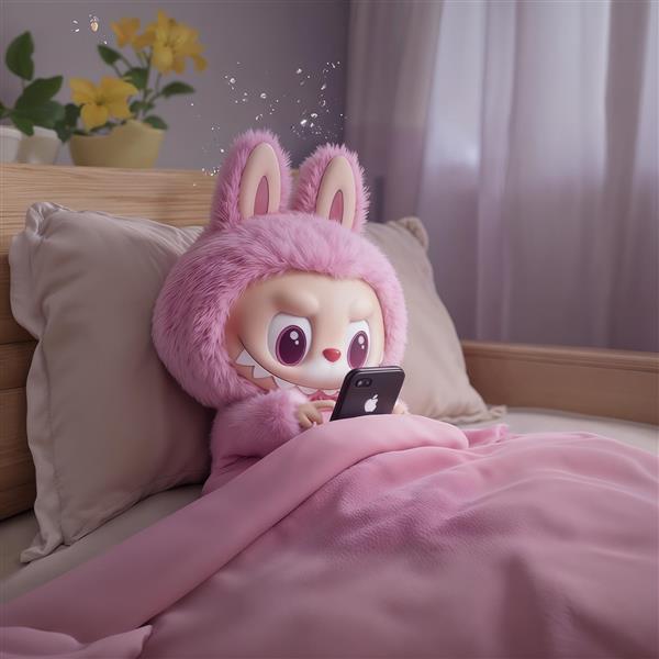 لبوبوی بامزه با پتو و موبایل در اتاق خواب صورتی