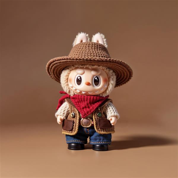 عروسک لبوبو کابوی با لباس بافت و کلاه حصیری