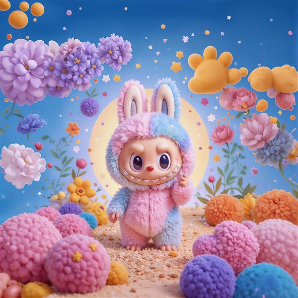 لبوبوی پشمالو با تم رنگارنگ در آسمان فانتزی آبی