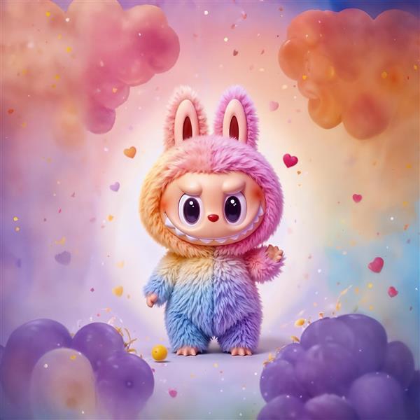 تصویر رنگارنگ لبوبو با خز رنگین کمانی و بادکنک