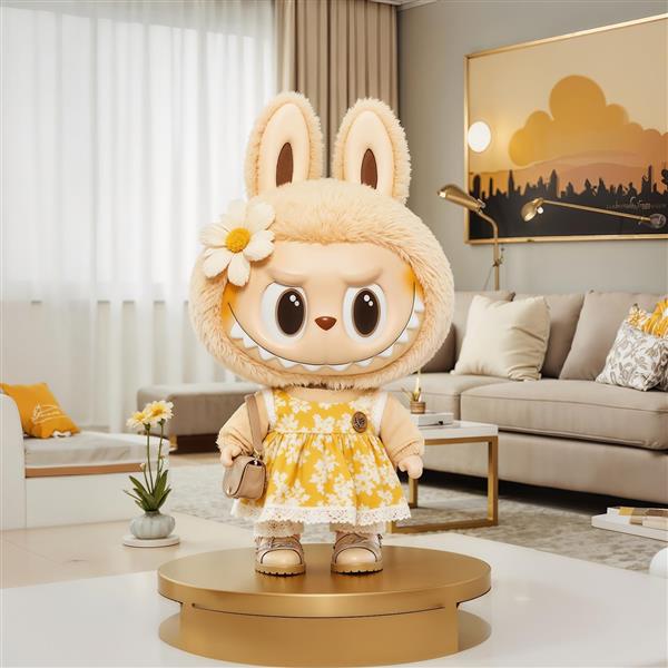 دانلود عکس لبوبو با پیراهن گل گلی زرد در خانه