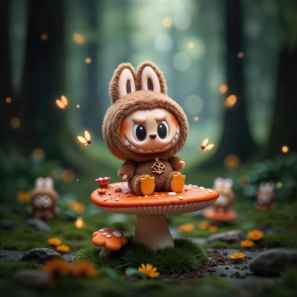 طرح گرافیکی لبوبو جنگلی نشسته روی قارچ قرمز