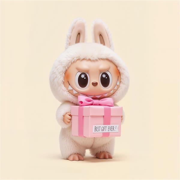 عکس دکوراتیو لبوبو سفید با جعبه کادو صورتی تولد