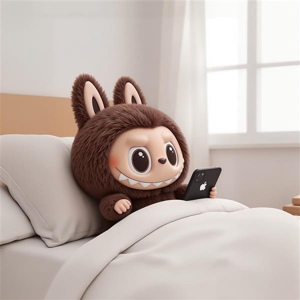 عکس باکیفیت عروسک لبوبو در رختخواب با گوشی موبایل