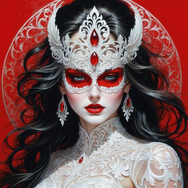 عکس ملکه فانتزی با ماسک و تاج سفید و قرمز برای چاپ عریض