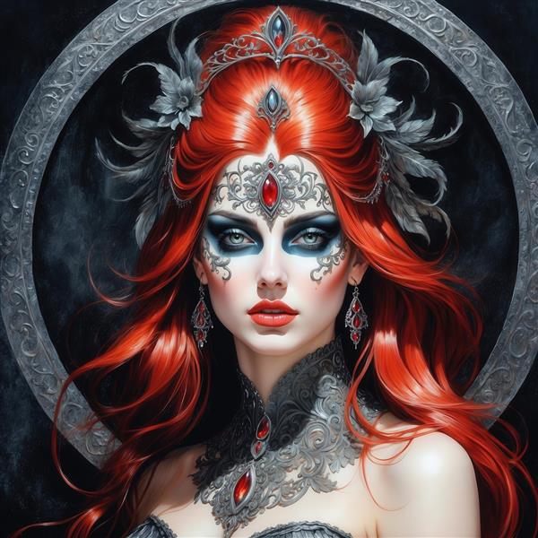 تصویر زن فانتزی مو سرخ با آرایش تیره و تاج نقره‌ای برای پوستر