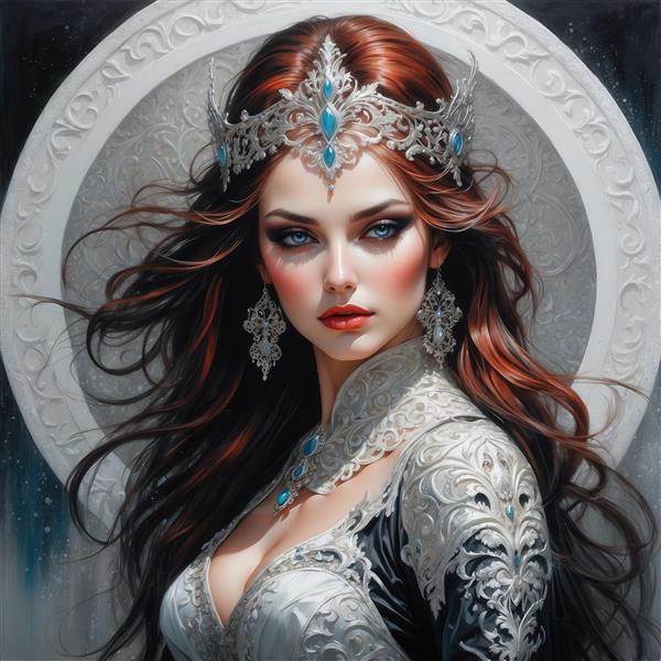 طرح زن سلطنتی مو نارنجی و تاج نقره‌ای آبی برای تابلو دکوراتیو