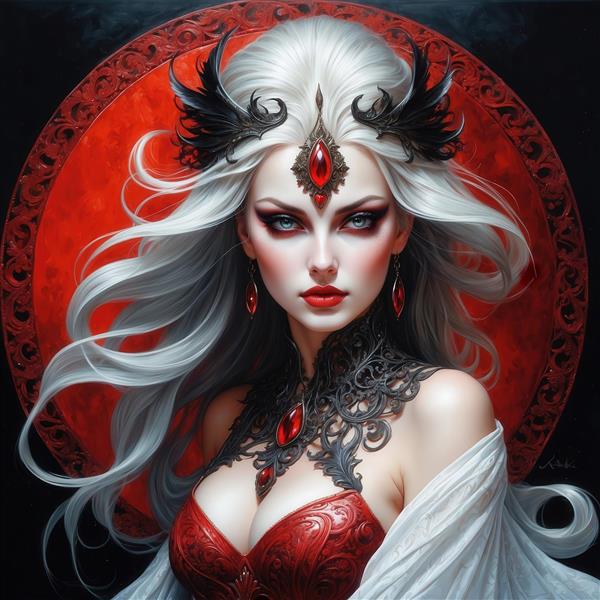 عکس ملکه فانتزی مو سفید با تاج مشکی و قرمز برای دکور خاص
