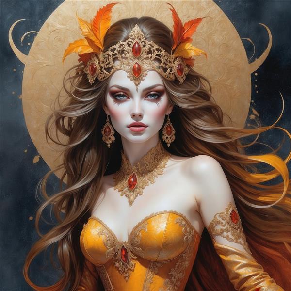 تصویر زن جذاب مو بلند و لباس نارنجی برای چاپ روی پرده و روتختی