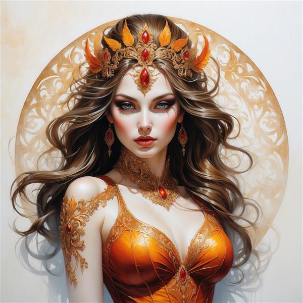 طرح چهره زن فانتزی با تاج برگ طلایی و لباس نارنجی برای پوستر