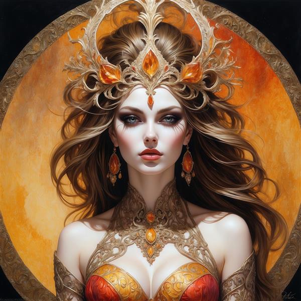 تصویر زن فانتزی با تاج سلطنتی بزرگ و لباس طلایی و سرخ برای تابلو