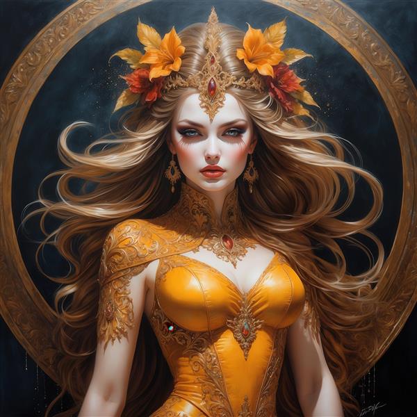 طرح زن سلطنتی مو بلوند و تاج طلایی پاییزی برای چاپ روی ماگ و کوسن