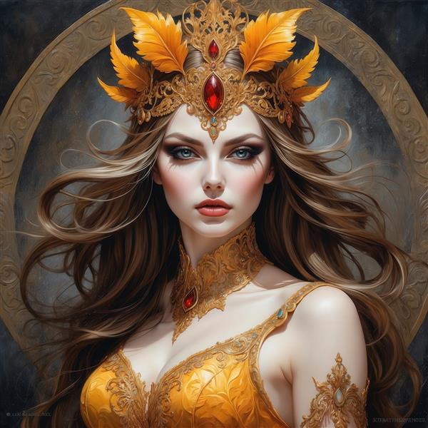 تصویر زن جذاب مو قهوه‌ای و تاج طلایی با نگین سرخ برای تابلو