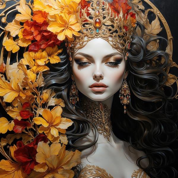 طرح ملکه با شکوه با تاج گل‌های نارنجی برای چاپ روی پرده و روتختی