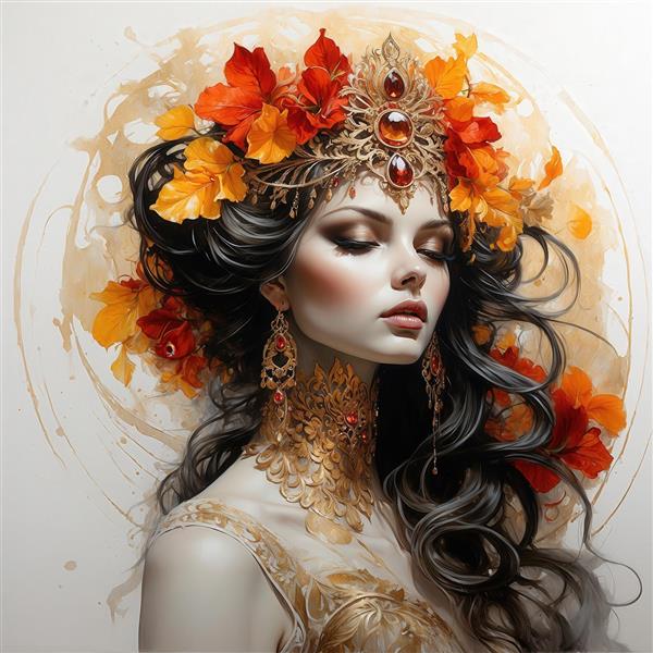 عکس چهره زن سلطنتی با تاج برگ پاییزی و جواهرات درشت باکیفیت