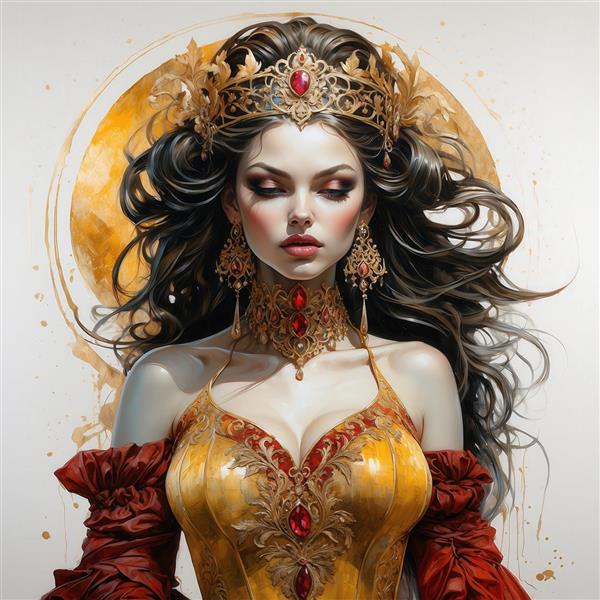 تصویر زن فانتزی با تاج سلطنتی سرخ و لباس طلایی برای پوستر شیک