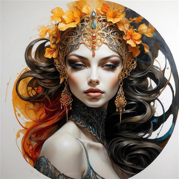 عکس چهره زن فانتزی با تاج و جواهرات طلایی و نارنجی برای تابلو