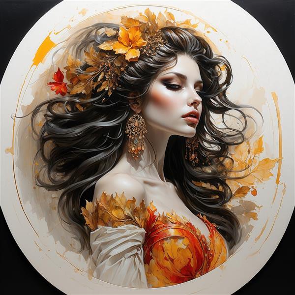تصویر زن سلطنتی با برگ‌های پاییزی و لباس نارنجی برای چاپ عریض