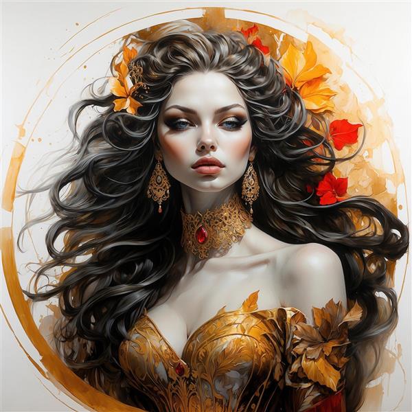 طرح ملکه مو بلند با تاج طلایی و لباس نارنجی برای پوستر دکوراتیو