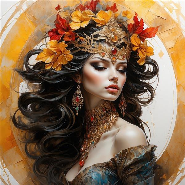 عکس چهره زن فانتزی با تاج گل پاییزی و گردنبند طلایی باکیفیت