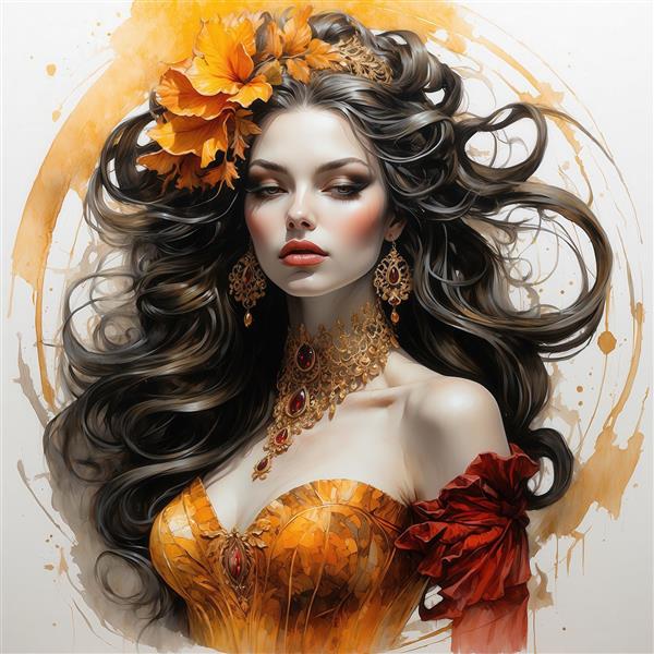 تصویر زن جذاب با تاج گل نارنجی و گردنبند طلایی برای تابلو لوکس