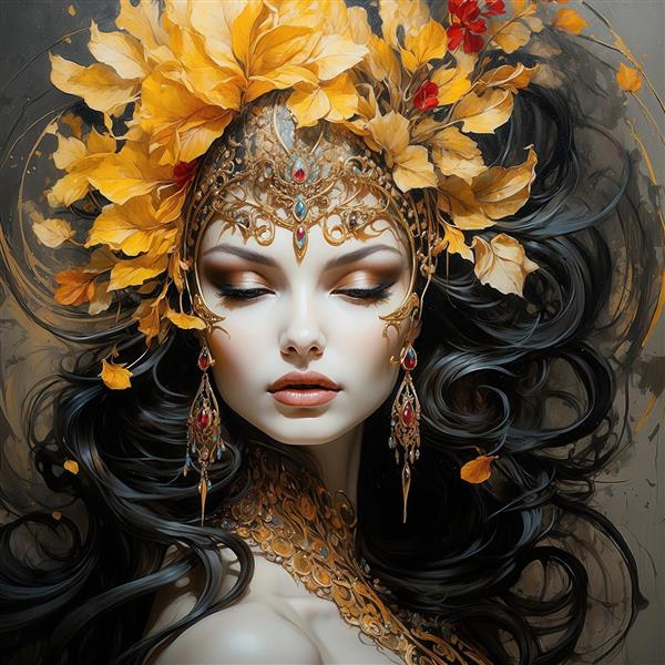عکس ملکه فانتزی مو مشکی با تاج طلایی و گل‌های زرد برای پوستر