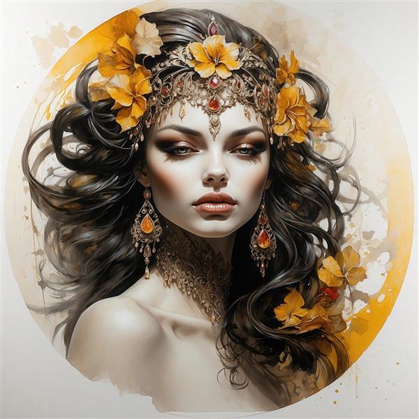 تصویر زن جذاب با تاج و جواهرات طلایی و گل‌های نارنجی برای چاپ