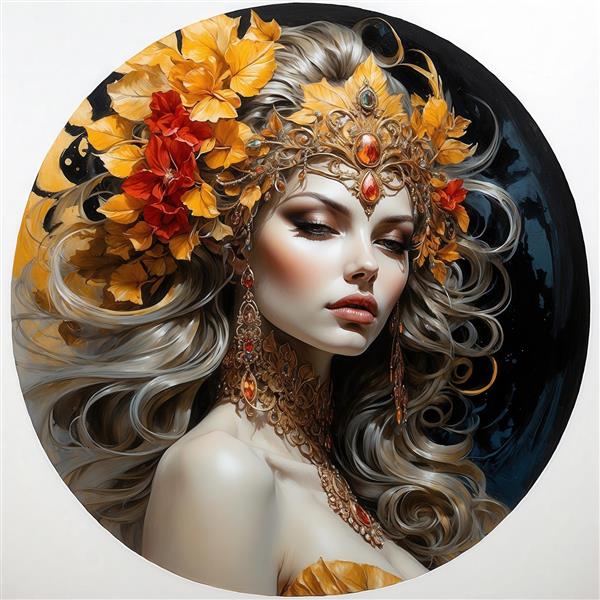طرح چهره زن فانتزی مو طلایی و برگ‌های پاییزی در دایره سیاه