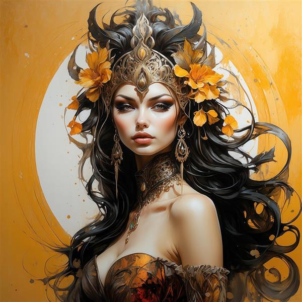 عکس زن سلطنتی مو مشکی با تاج نارنجی و لباس طلایی برای دکور