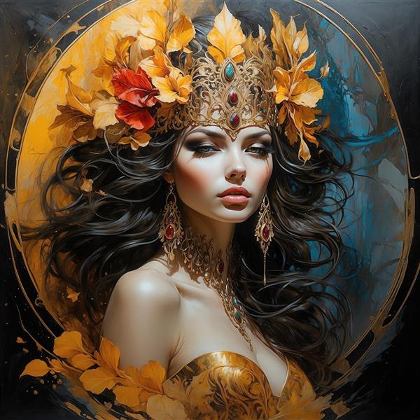 تصویر چهره ملکه فانتزی طلایی و آبی برای چاپ روی کوسن و پرده