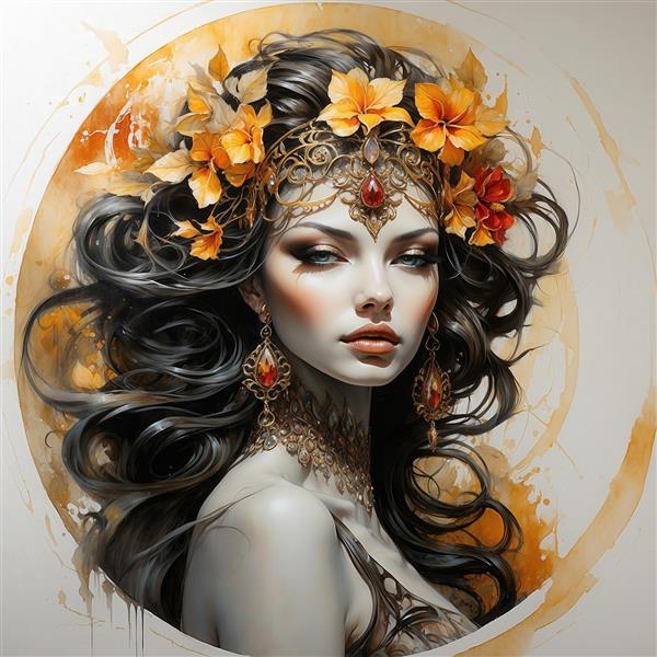 عکس زن سلطنتی مو مشکی و تاج طلایی با نگین سرخ برای پوستر عریض