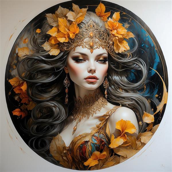 طرح چهره زن فانتزی با موهای خاکستری و برگ‌های پاییزی برای چاپ