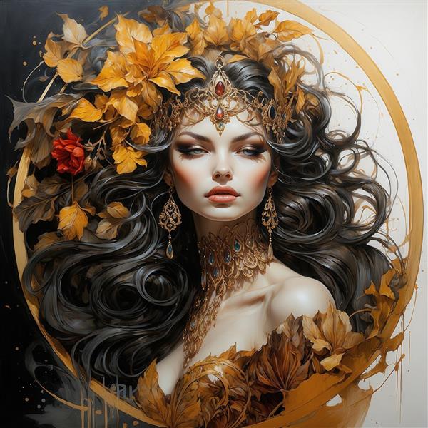 عکس ملکه فانتزی با تاج سلطنتی و برگ‌های طلایی برای دکور لوکس