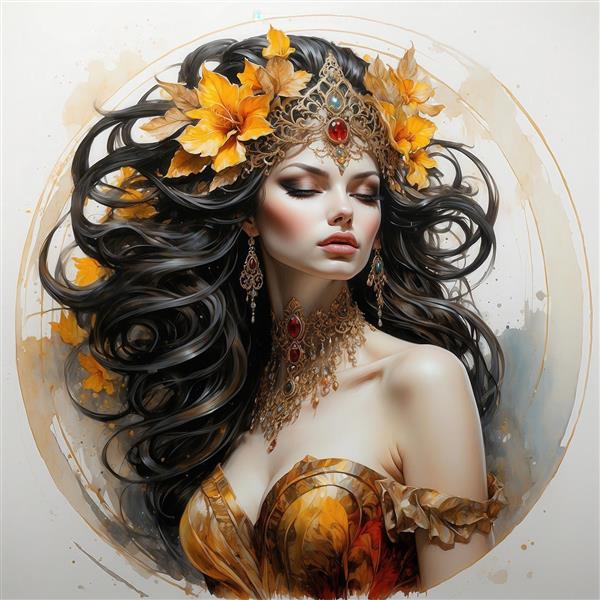 تصویر زن جذاب با آرایش طلایی و تاج گل نارنجی برای پوستر مینیمال