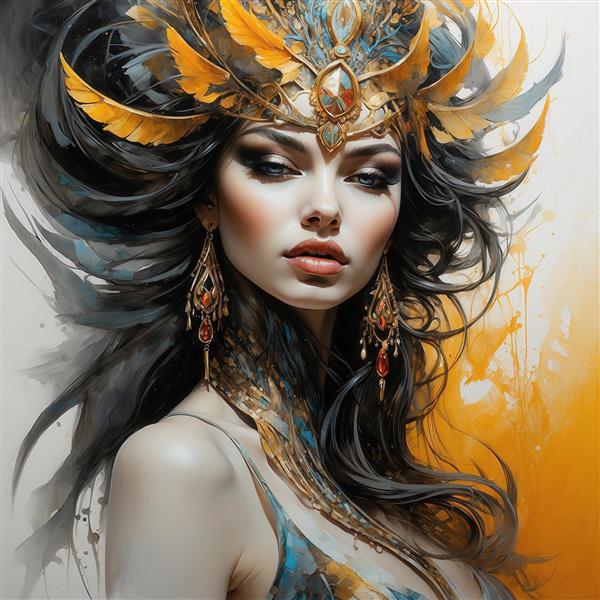 عکس زن فانتزی پردار طلایی و مشکی برای تابلو نشیمن شیک