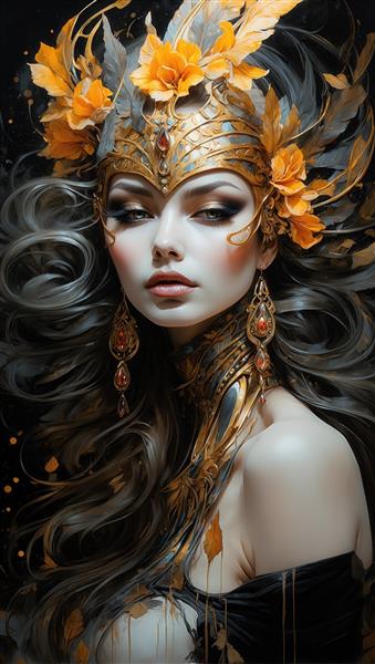 تصویر چهره زن سلطنتی با تاج طلایی و موهای تیره برای چاپ عریض