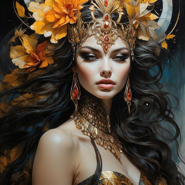 طرح ملکه سیاه و طلایی با گل‌های نارنجی برای پوستر لوکس مدرن