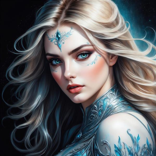 تصویر زن بلوند فانتزی با چشم آبی و لباس نقره‌ای برای چاپ روی پرده