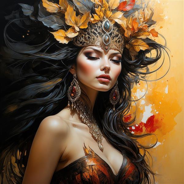 طرح زن سلطنتی مو مشکی و لباس قهوه‌ای برای تابلو دکوراتیو پاییزی