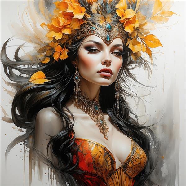 عکس زن فانتزی با تاج گل نارنجی و لباس نارنجی برای پوستر باکیفیت