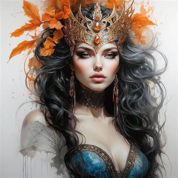 تصویر چهره ملکه مو مشکی با تاج پاییزی و لباس مجلسی آبی برای چاپ