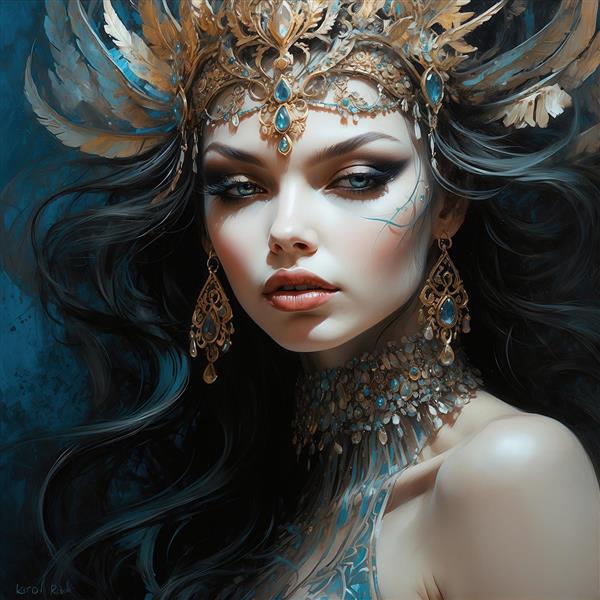 طرح زن زیبا با تاج پردار و جواهرات طلایی برای تابلو نشیمن باکلاس