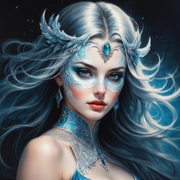 عکس چهره زن یخی با ماسک آبی و موهای نقره‌ای برای دکوراسیون خاص