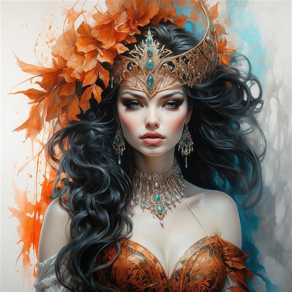 تصویر زن جذاب تاج‌دار با گل نارنجی و لباس دکلته برای پوستر دیواری