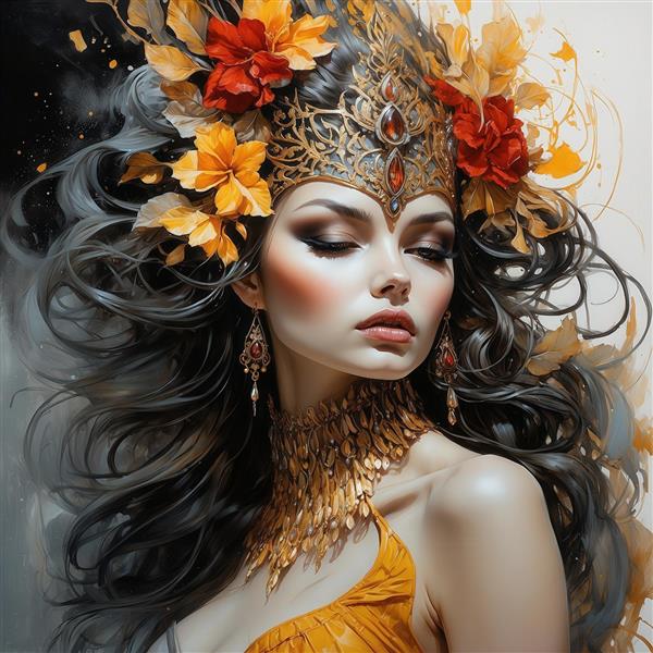 طرح ملکه فانتزی تاج و جواهر طلایی و گل‌های نارنجی برای چاپ عریض